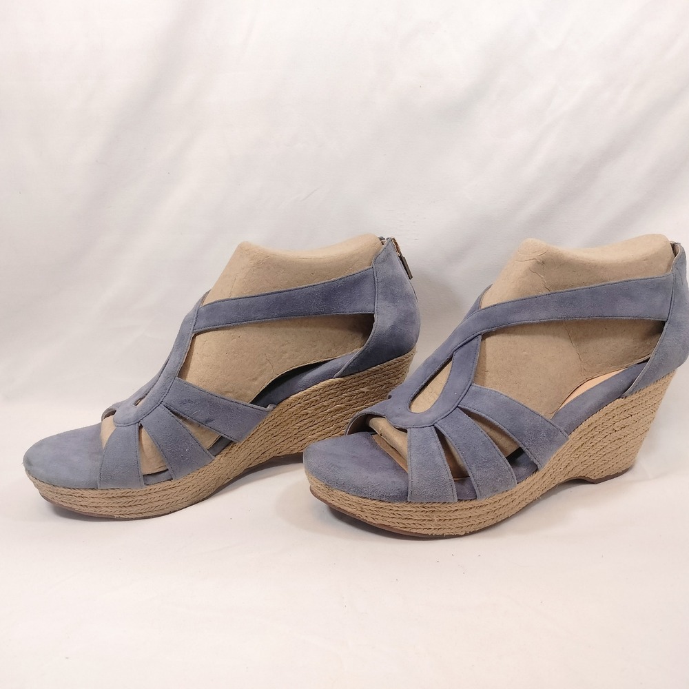 Sofft Blue Espadrille Wedge Sandals; Strappy Suede Leather Open Toe Back Zip